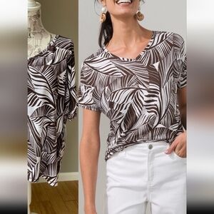 Chico's Brown and White Leaf Print Linen Top
